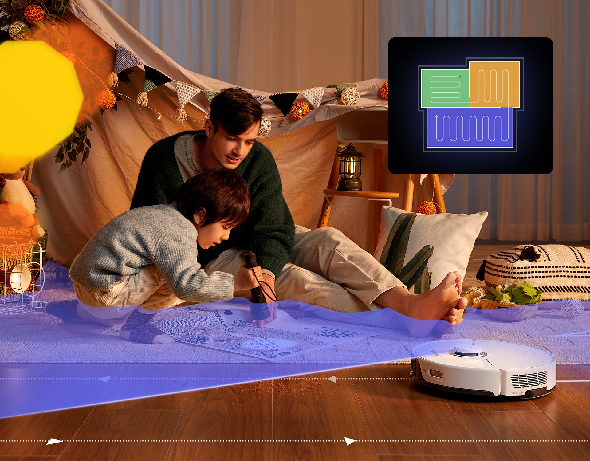 Vater und Sohn spielen auf dem Holzboden, während der Roborock Staubsaugerroboter ohne sie zu stören reinigt. Vater und Sohn spielen auf dem Holzboden, während der Roborock Staubsaugerroboter ohne sie zu stören reinigt.